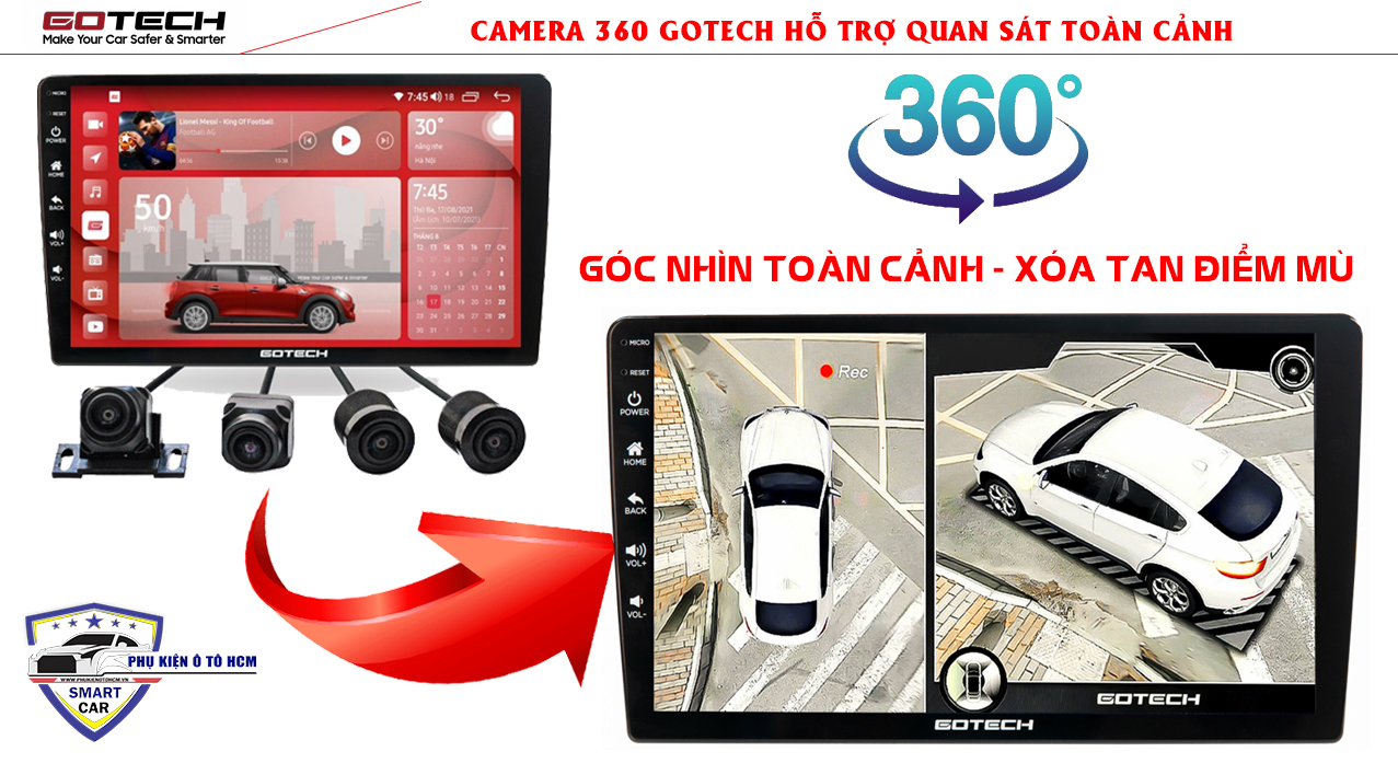 Màn hình DVD Android Ô tô GT10 Pro Thương hiêu Gotech hỗ trợ gắn camera 360 độ quan sát cảnh 